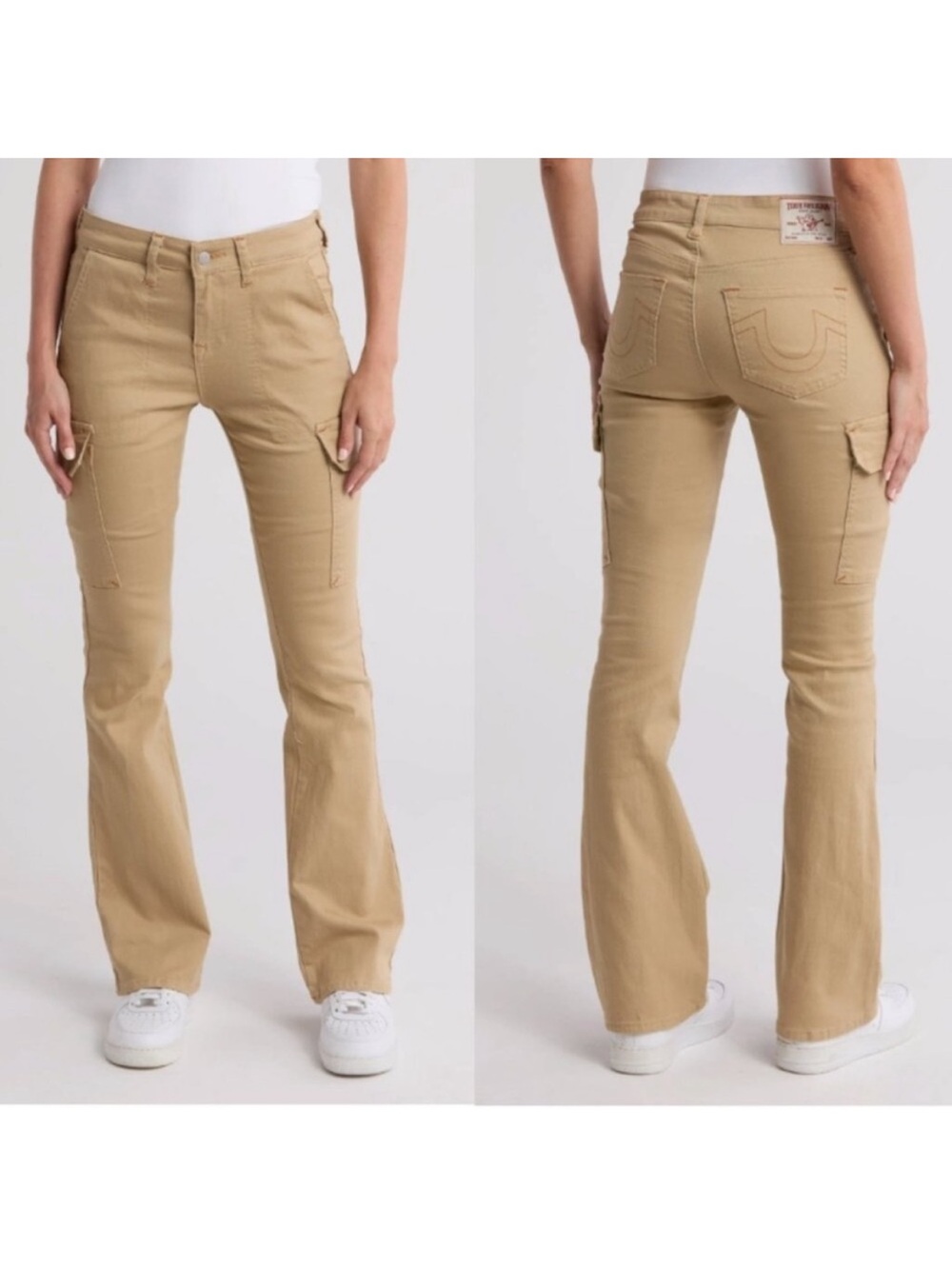 NWT TRUE RELIGION Bootcut Cargo Utility Pant Tan Travertine Flap Pockets Size 27